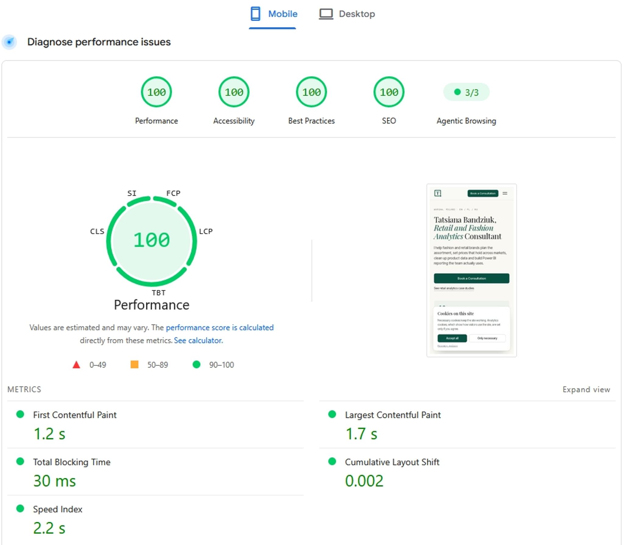 PageSpeed Insights report for the mobile site: Performance, Accessibility, Best Practices and SEO at 100, Agentic Browsing 3 of 3