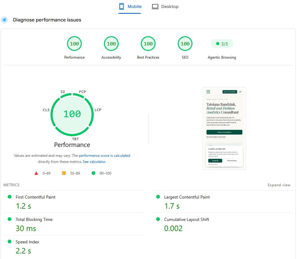 PageSpeed Insights report for the mobile site: Performance, Accessibility, Best Practices and SEO at 100, Agentic Browsing 3 of 3