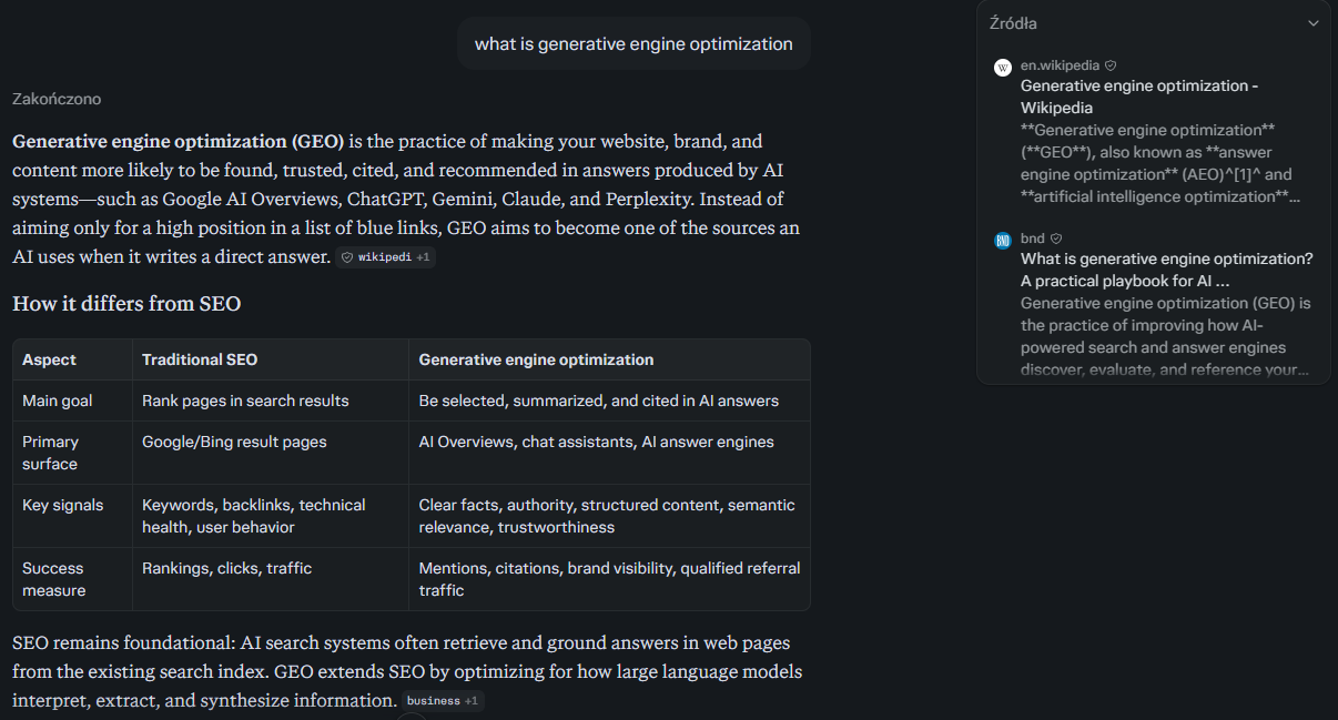 Ответ Perplexity на «what is generative engine optimization», 23 октября 2026: первый источник — Википедия, за ней — руководство практика