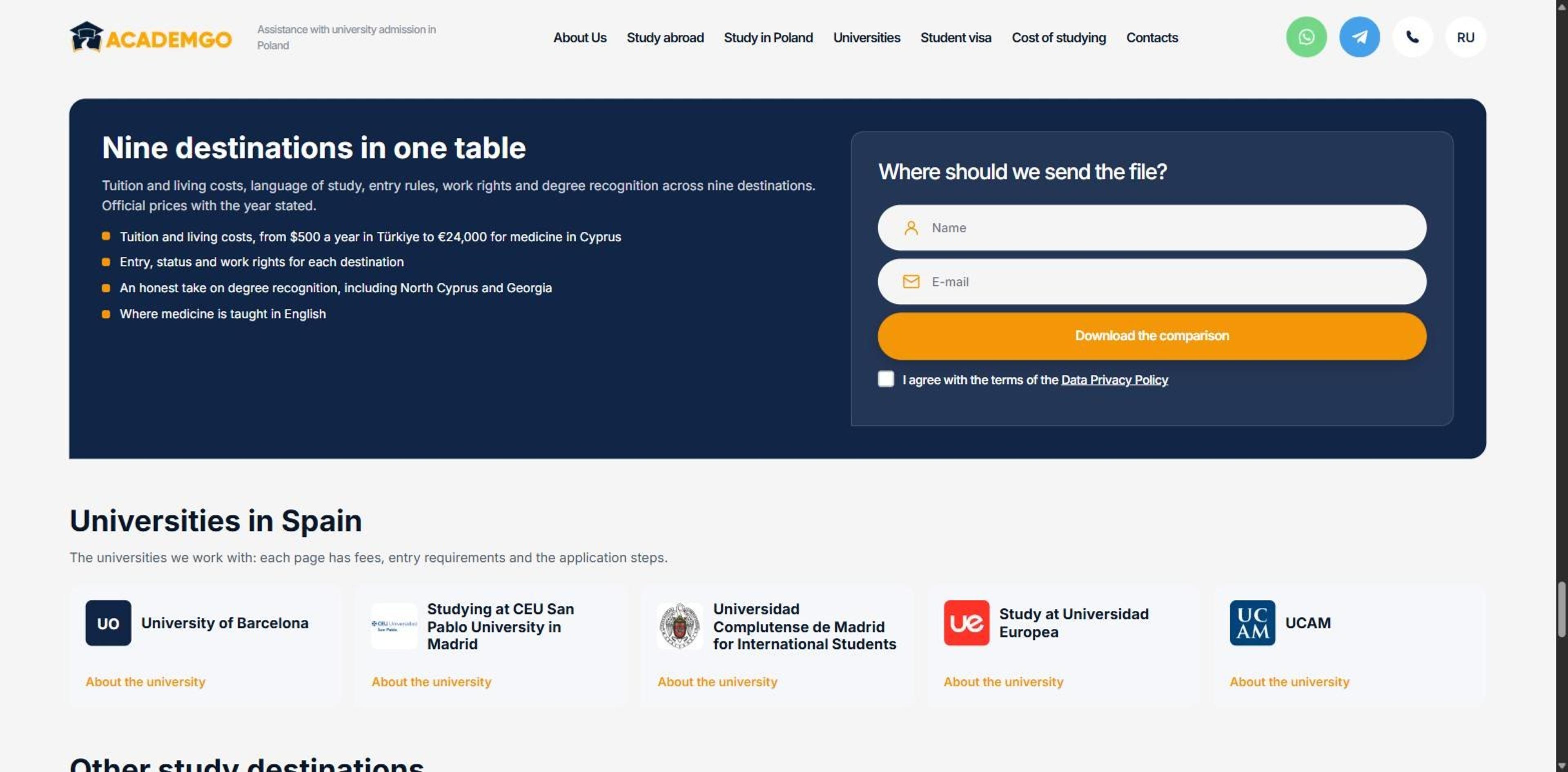 A block offering a downloadable comparison of nine destinations, with a name and e-mail form