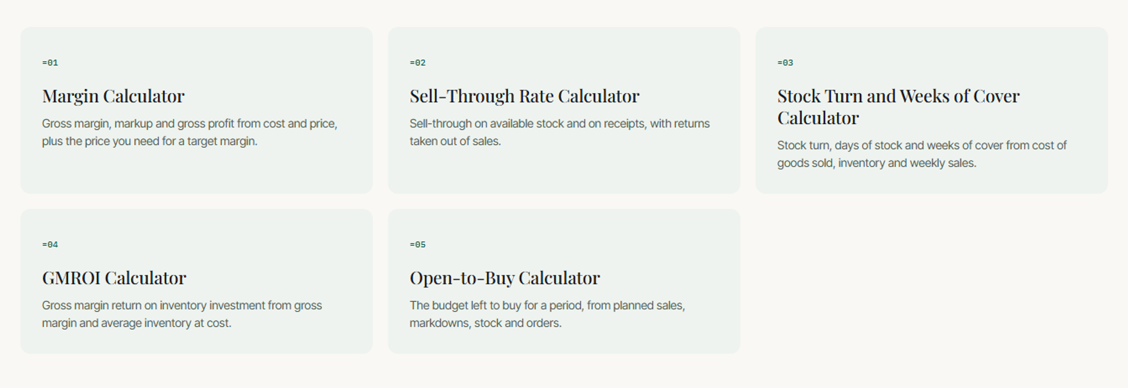 Calculators page with five retail calculators numbered like Excel formulas, from =01 to =05