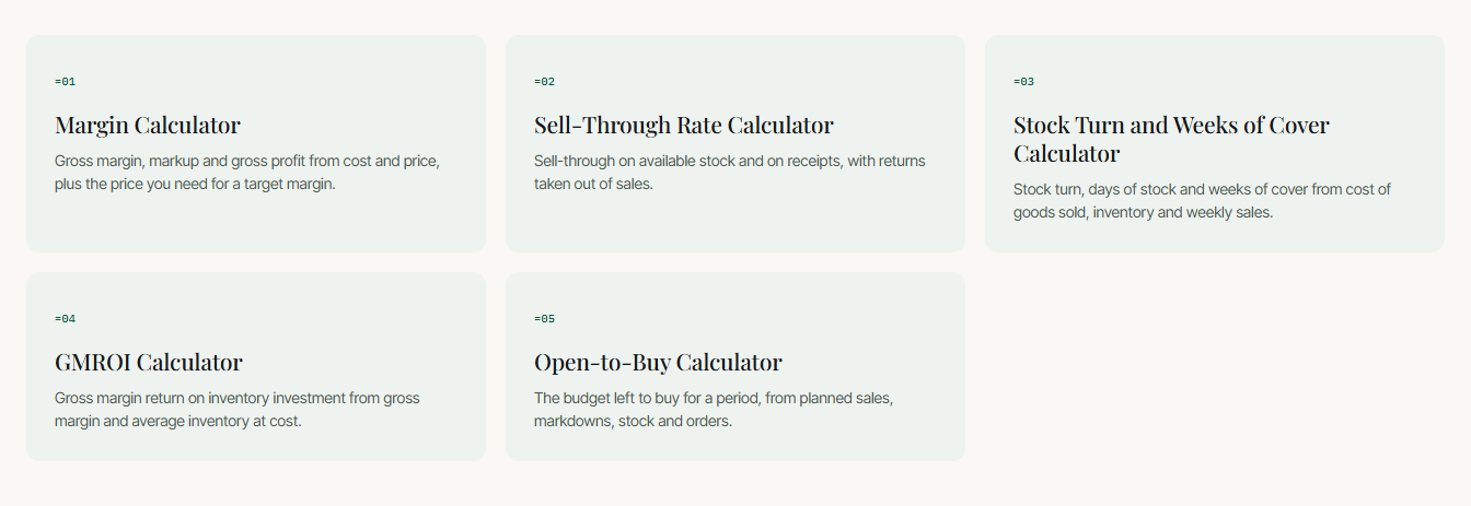 Calculators page with five retail calculators numbered like Excel formulas, from =01 to =05