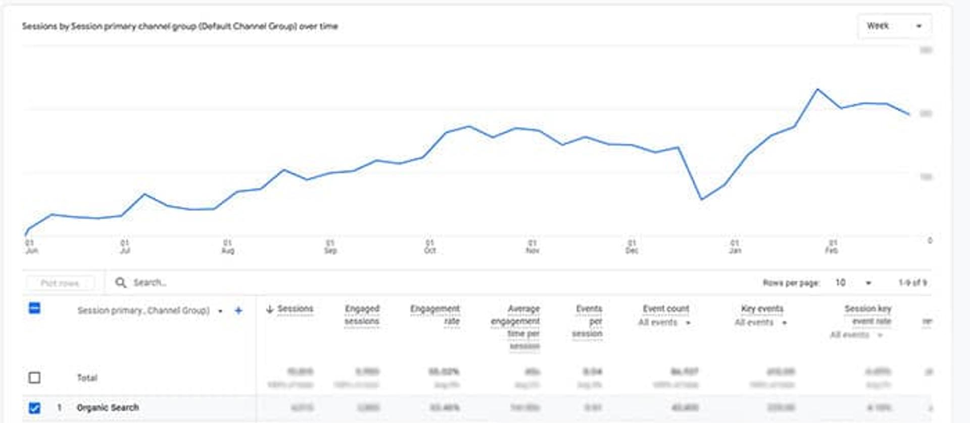 Organic sessions chart from Google Analytics. Traffic skyrocketed after SEO implementation, with continuous upward growth throughout 2024–2025.