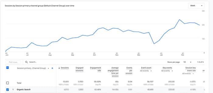 Wykres z Google Analytics pokazujący stały wzrost sesji organicznych po wdrożeniu SEO. Widoczny wzrost przez cały okres 2024–2025.