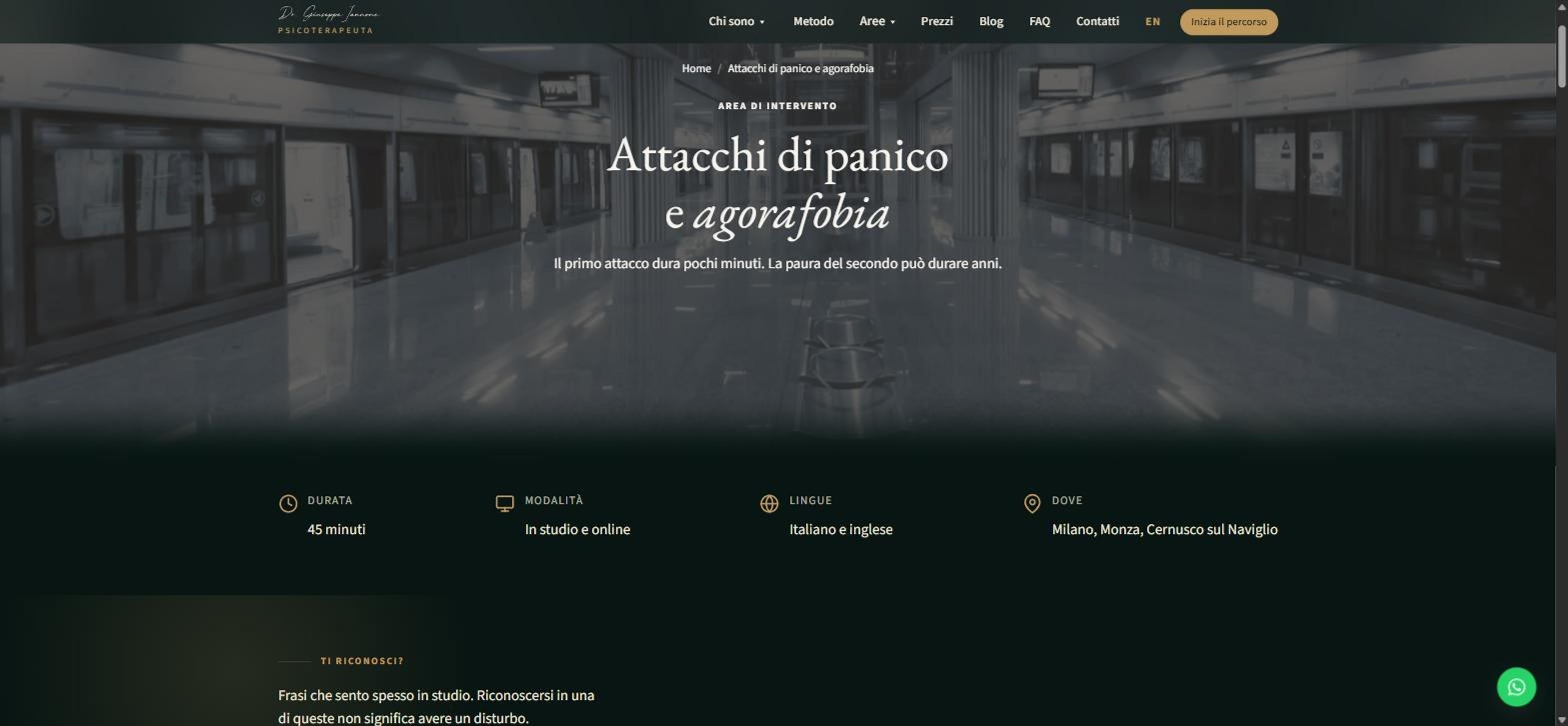Strona o atakach paniki i agorafobii z okruszkami nawigacji oraz informacją o długości sesji, formie, językach i miastach
