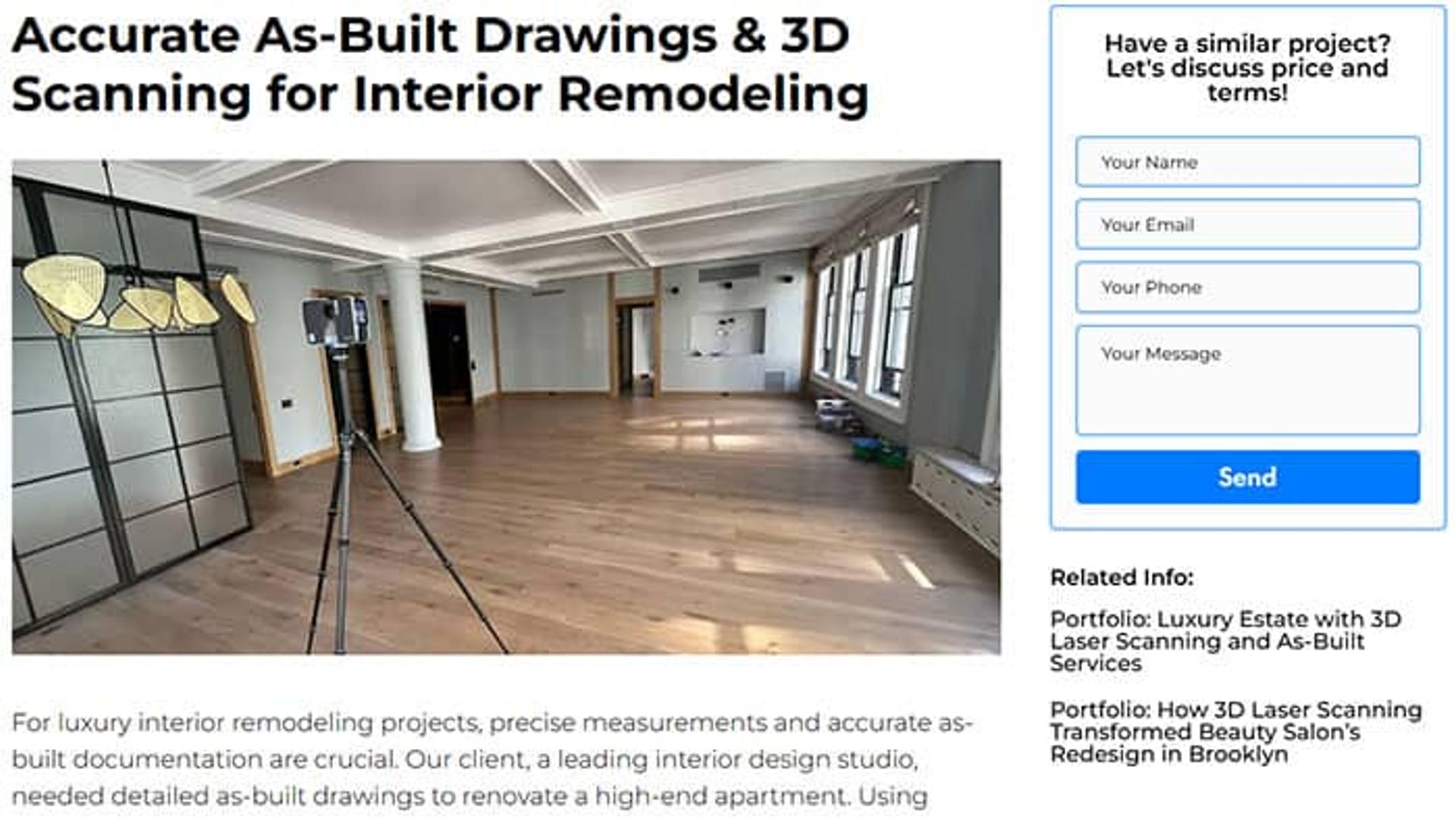 Project detail example: “Accurate As-Built Drawings & 3D Scanning for Interior Remodeling.” Includes images, description, contact form, and related projects block.