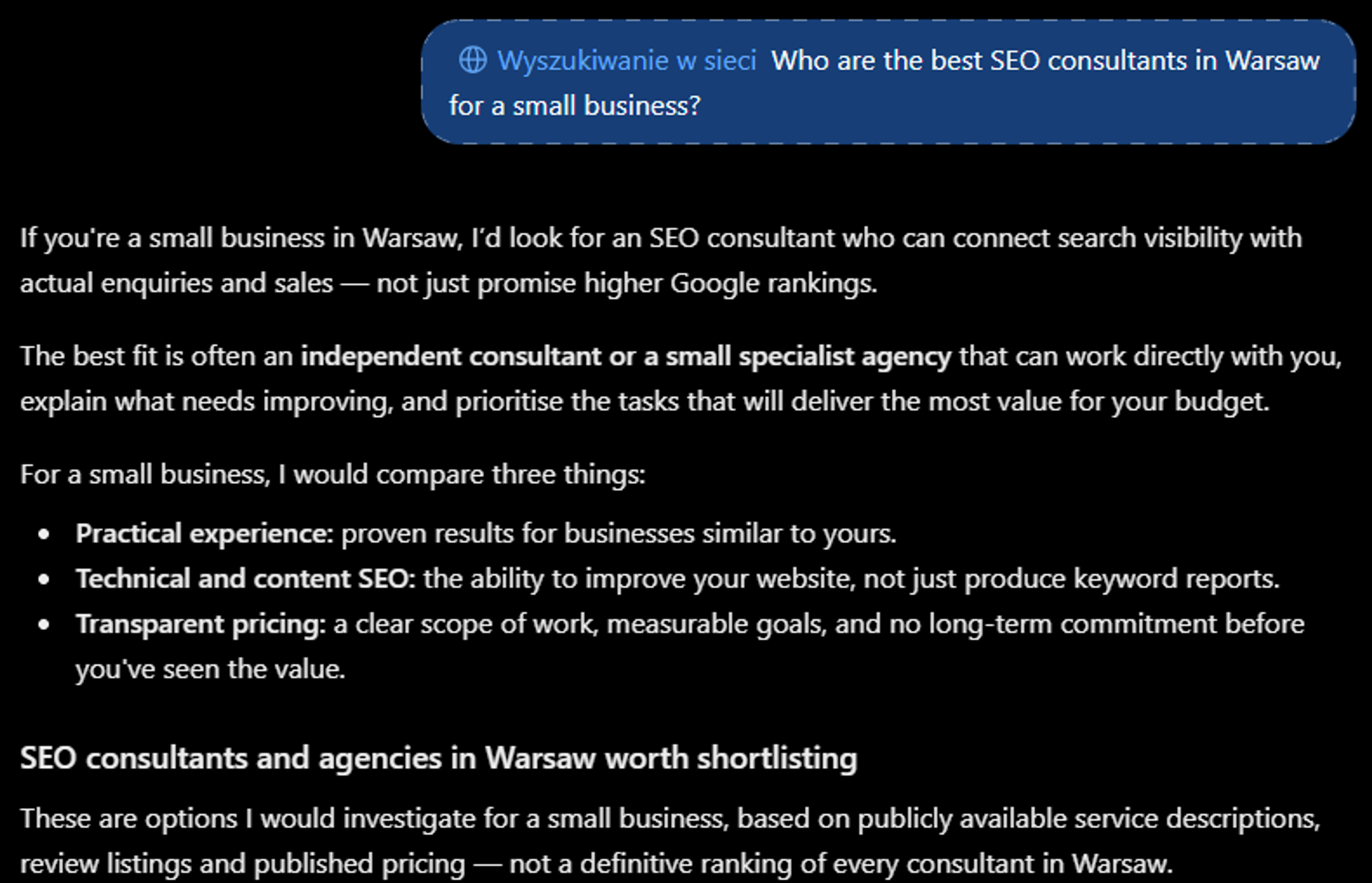 Ответ ChatGPT на вопрос о лучших SEO-консультантах в Варшаве для небольшого бизнеса, 24 октября 2026 года: сравнивает практический опыт, техническое и контентное SEO и прозрачные цены, затем перечисляет консультантов «на основе общедоступных описаний услуг, сайтов отзывов и опубликованных цен»