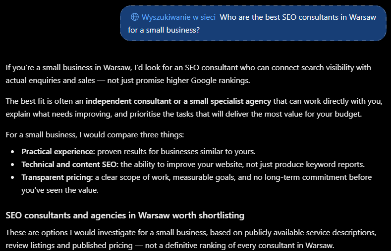Ответ ChatGPT на вопрос о лучших SEO-консультантах в Варшаве для небольшого бизнеса, 24 октября 2026 года: сравнивает практический опыт, техническое и контентное SEO и прозрачные цены, затем перечисляет консультантов «на основе общедоступных описаний услуг, сайтов отзывов и опубликованных цен»