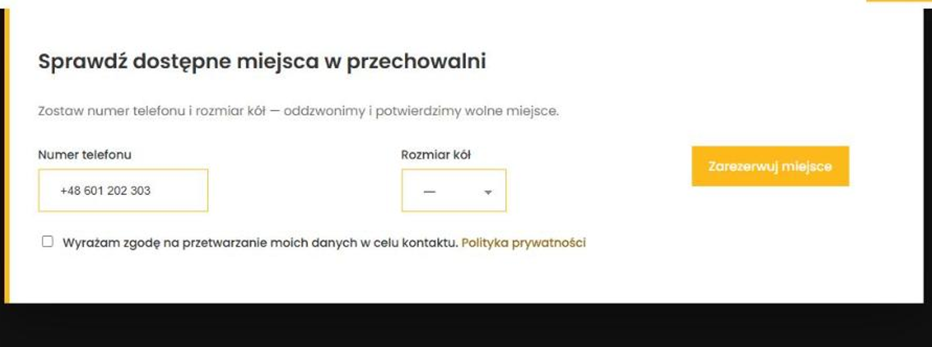 Booking form with a phone field and a dropdown of wheel sizes