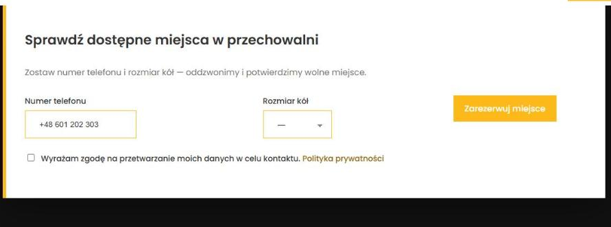 Booking form with a phone field and a dropdown of wheel sizes