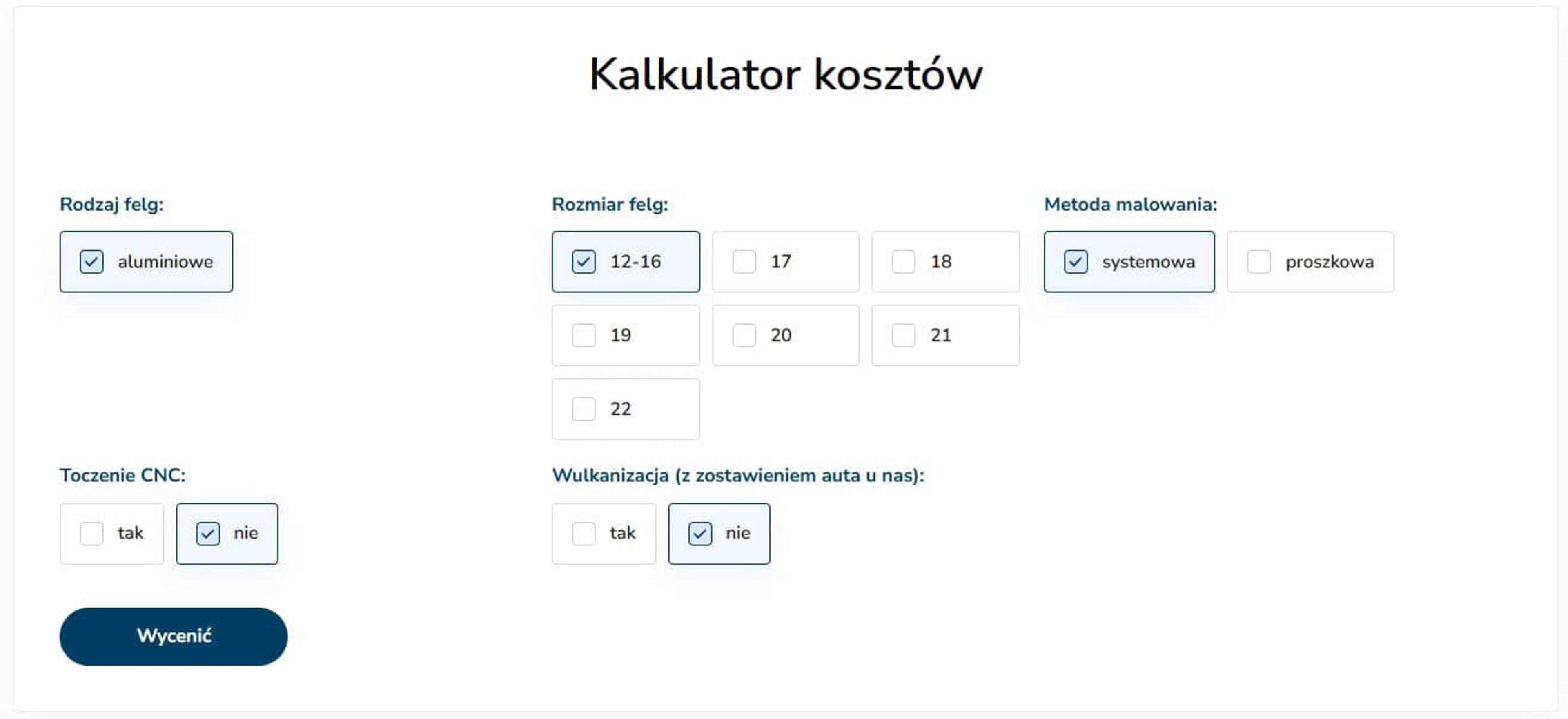 Kalkulator kosztów. Interaktywny kalkulator na osobnej podstronie — klienci wybierają rodzaj felg, rozmiar, metodę malowania i usługi dodatkowe, by od razu zobaczyć szacunkową wycenę, jeszcze przed wysłaniem formularza.