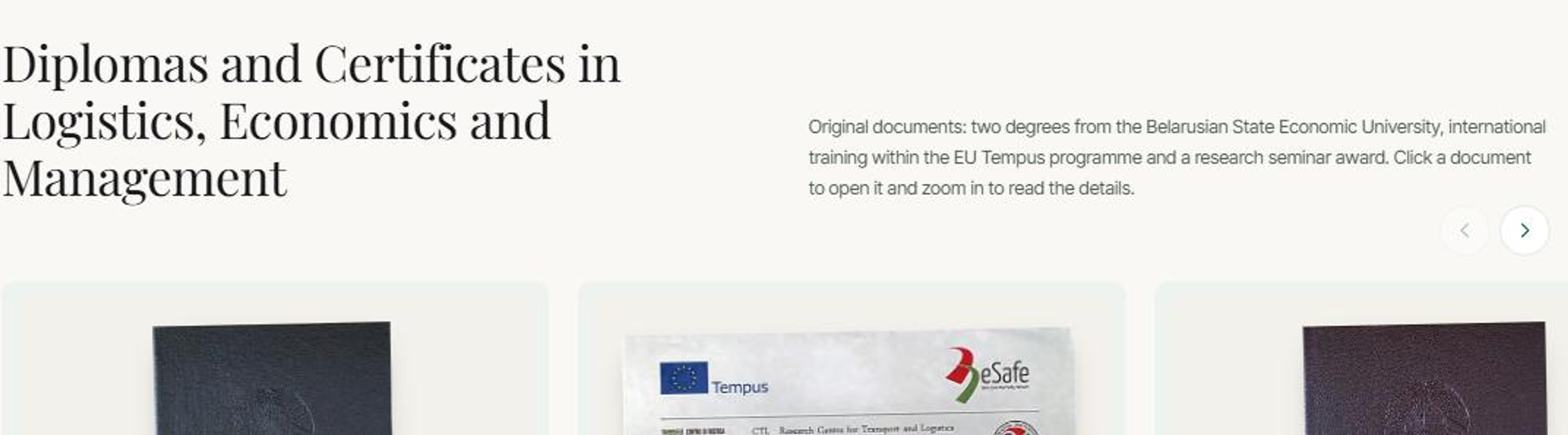 Gallery of scanned diplomas and certificates on the consultant's About page