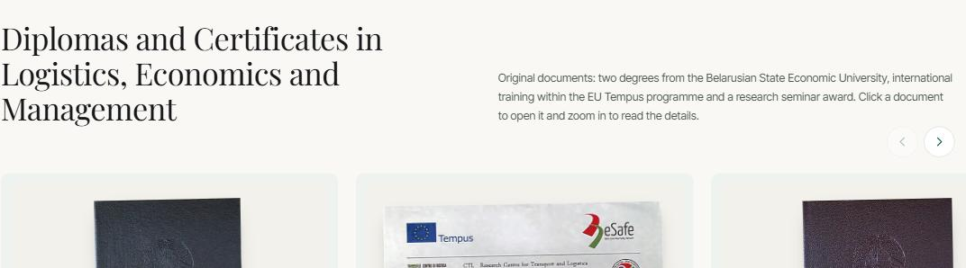Gallery of scanned diplomas and certificates on the consultant's About page