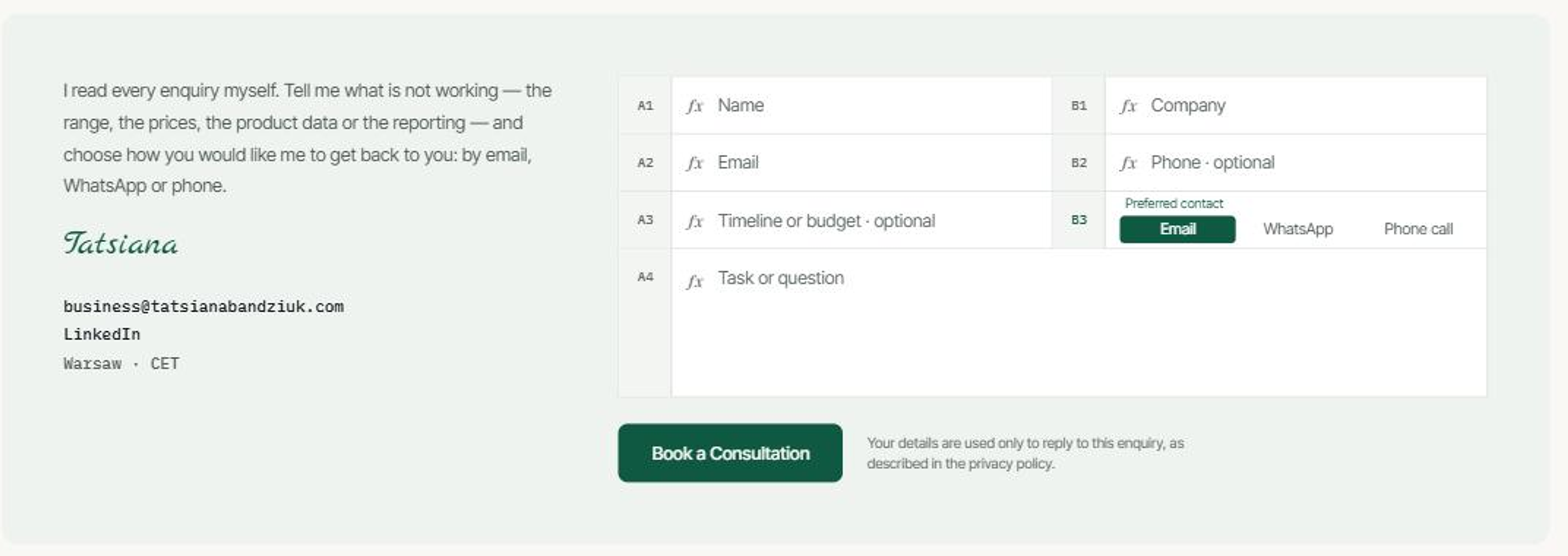 Contact form where each field is styled as a spreadsheet cell with its own address and a function icon