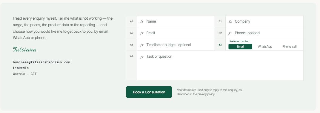 Contact form where each field is styled as a spreadsheet cell with its own address and a function icon