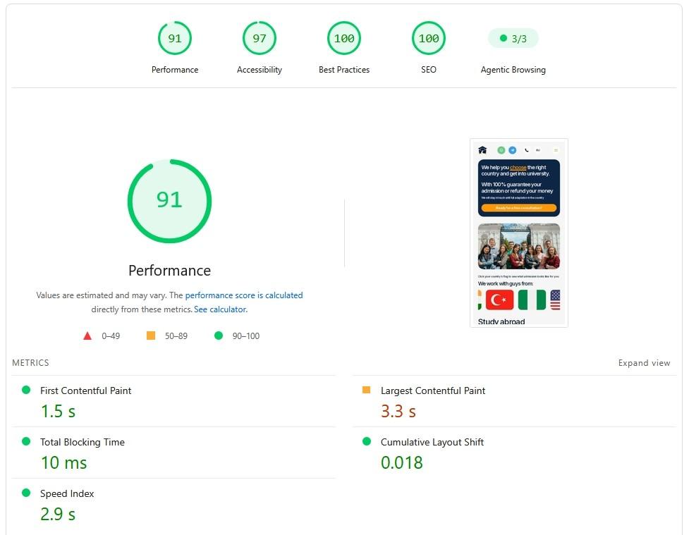 PageSpeed Insights report after the work: performance 91, best practices and SEO at 100, blocking time 10 ms