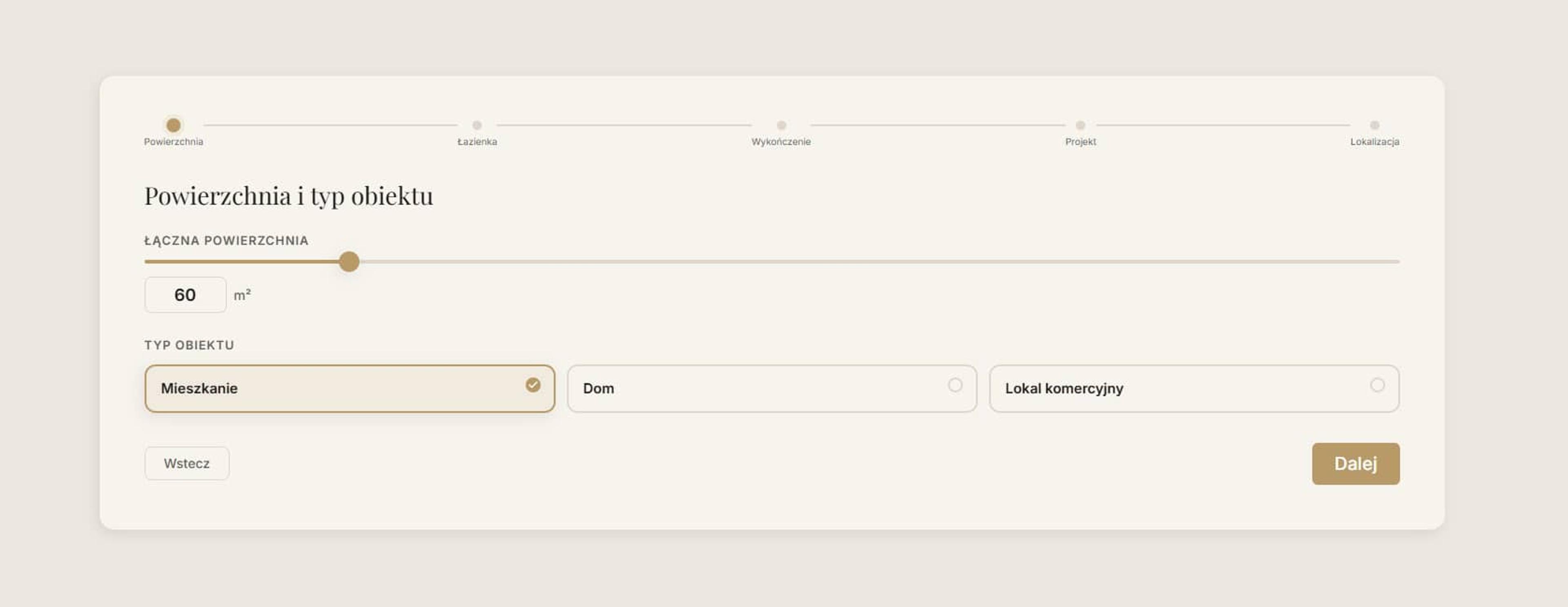 The five-step calculator asking for area, number of bathrooms, finishing level, whether a design project is needed, and location, with a progress indicator across the top.