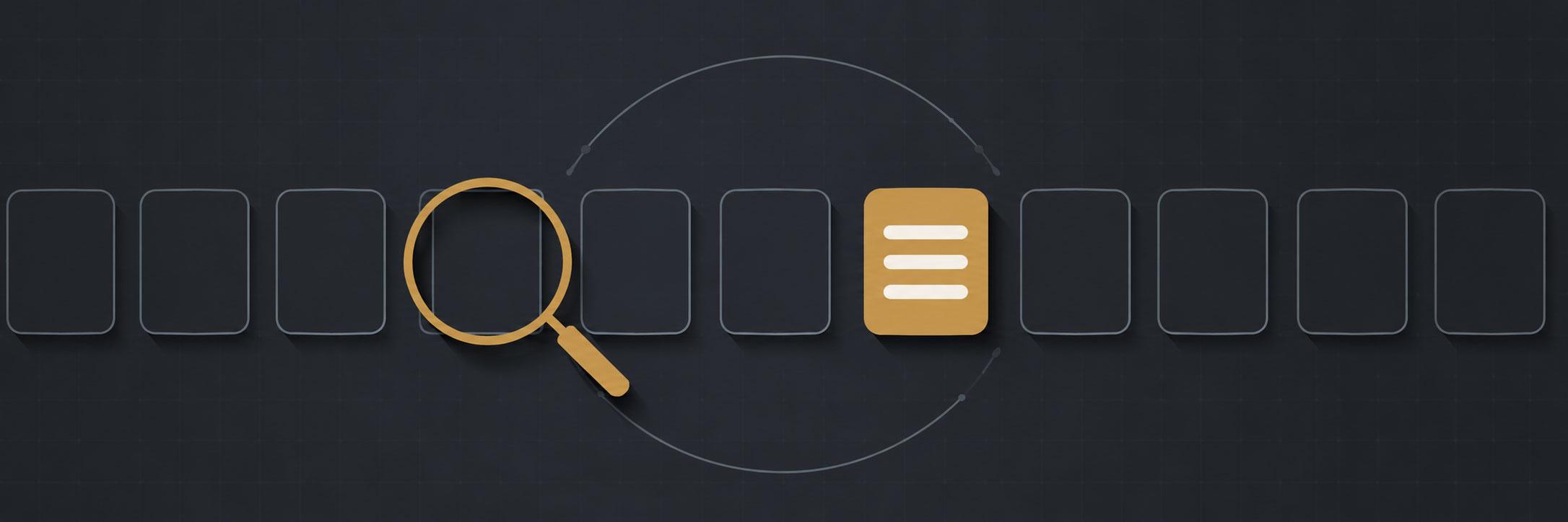 Abstract diagram of a magnifying glass highlighting one item among a row of outlined cards, linked to a document icon by a dotted arc.