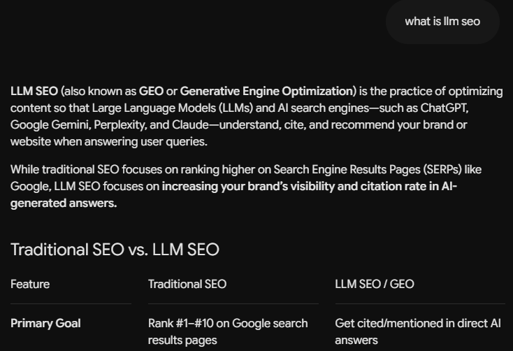 Gemini's answer to «what is llm seo», 23 October 2026: a definition with no source links