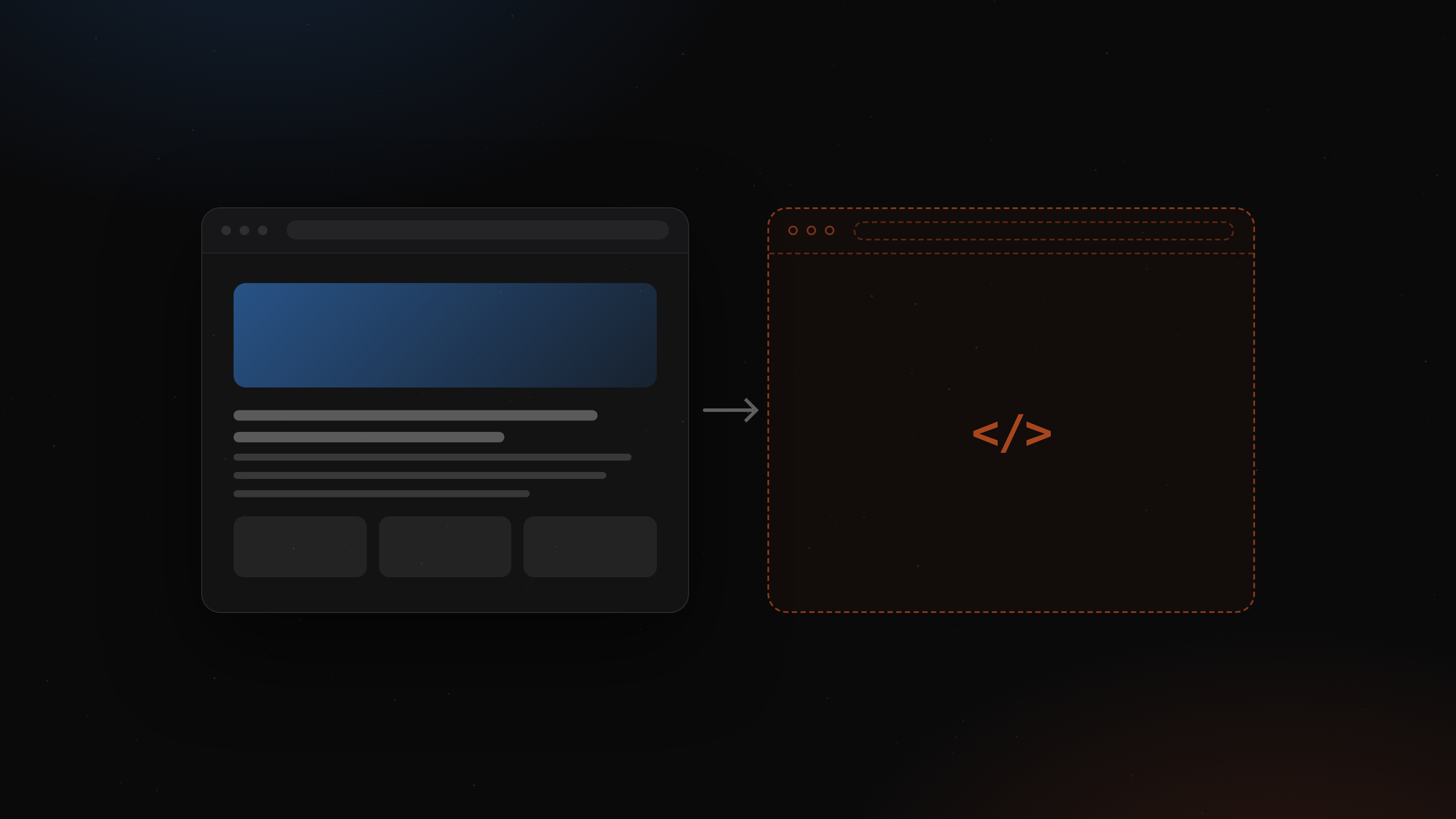 The same web page twice: on the left full of content as a browser shows it, on the right an empty dashed frame with a code symbol, as an AI crawler that does not run JavaScript receives it