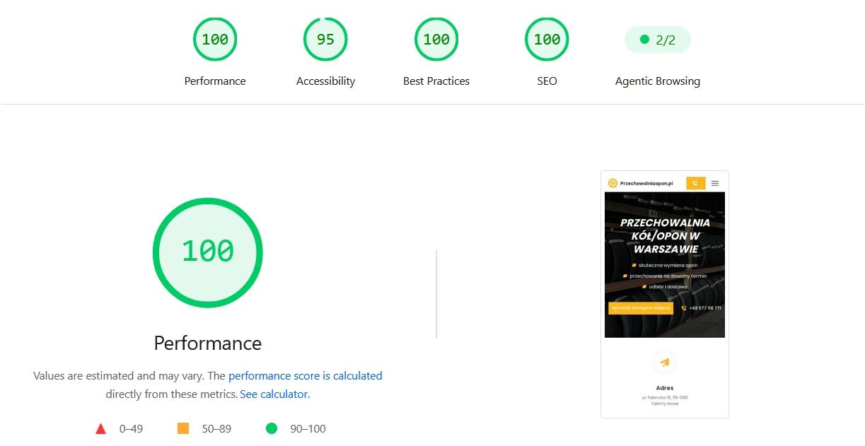 PageSpeed report showing 100, 95, 100, 100 and a passed agentic browsing check