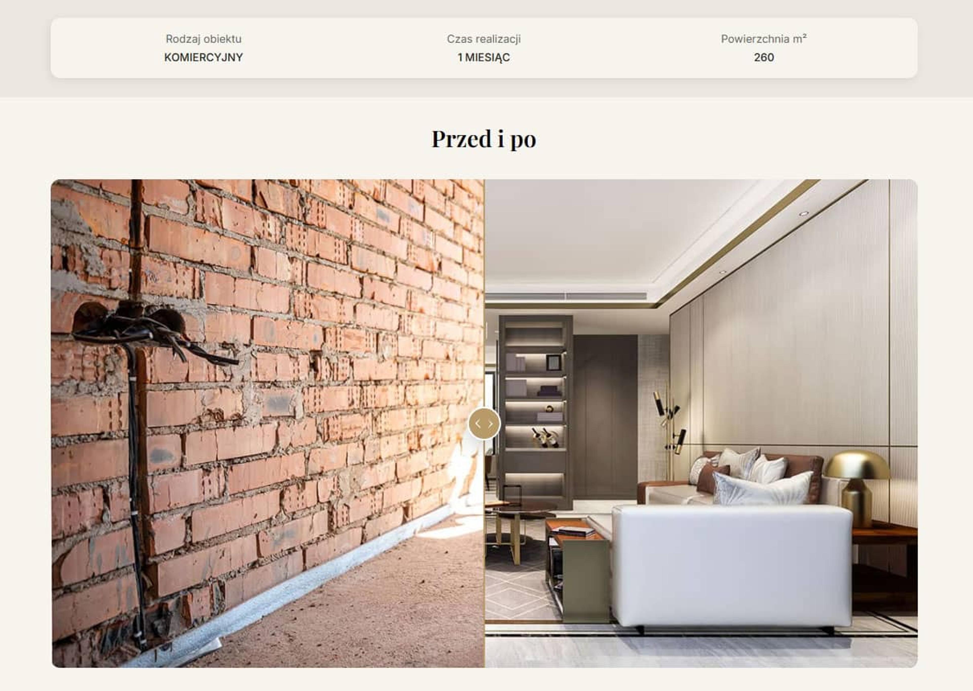 A completed project page opening with a fact row — object type, duration, area — placed above the descriptive text, followed by a before-and-after comparison slider.