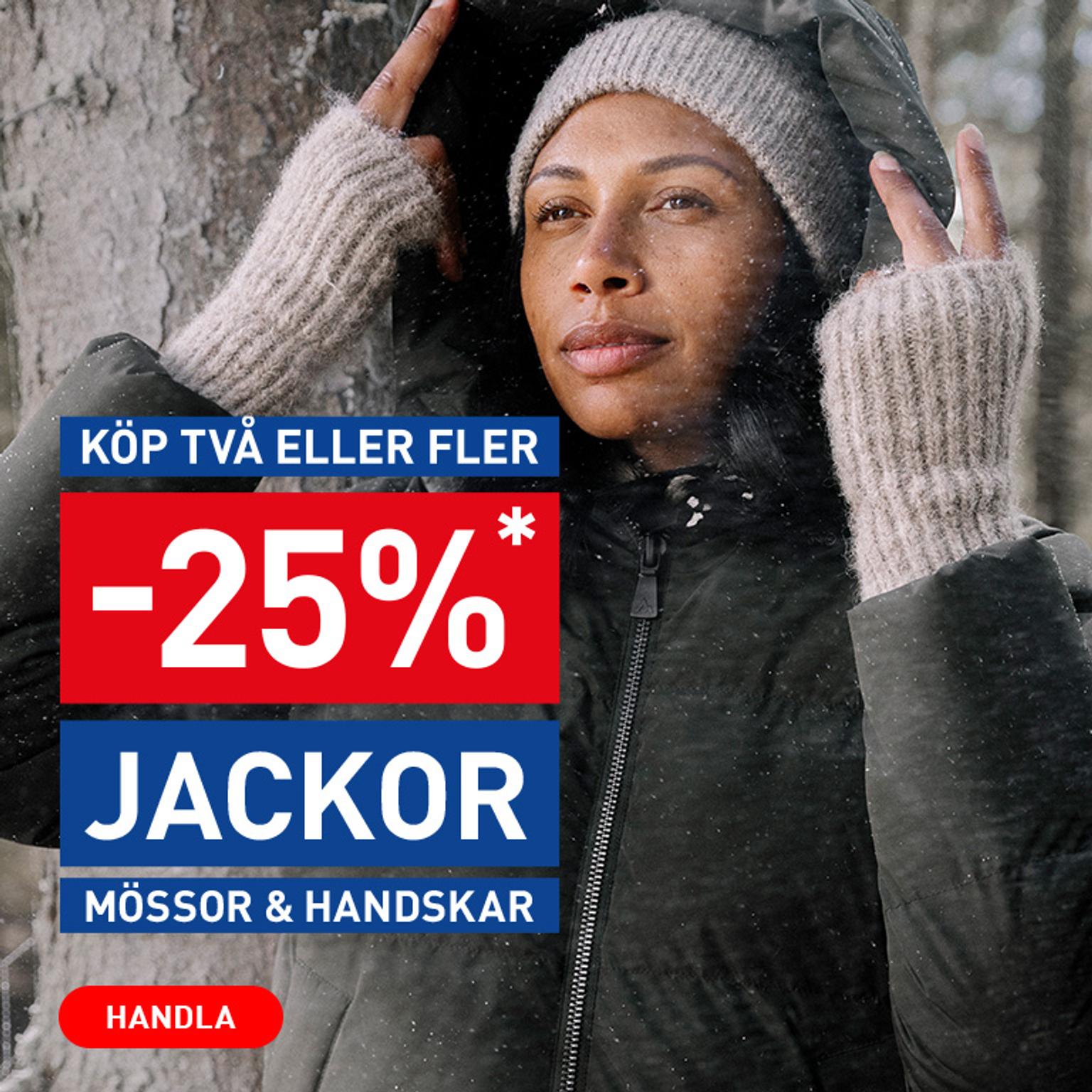 Woman in winter jacket, beanie, and fingerless gloves in snow, promoting 25% off jackets, hats, and gloves when buying two or more.