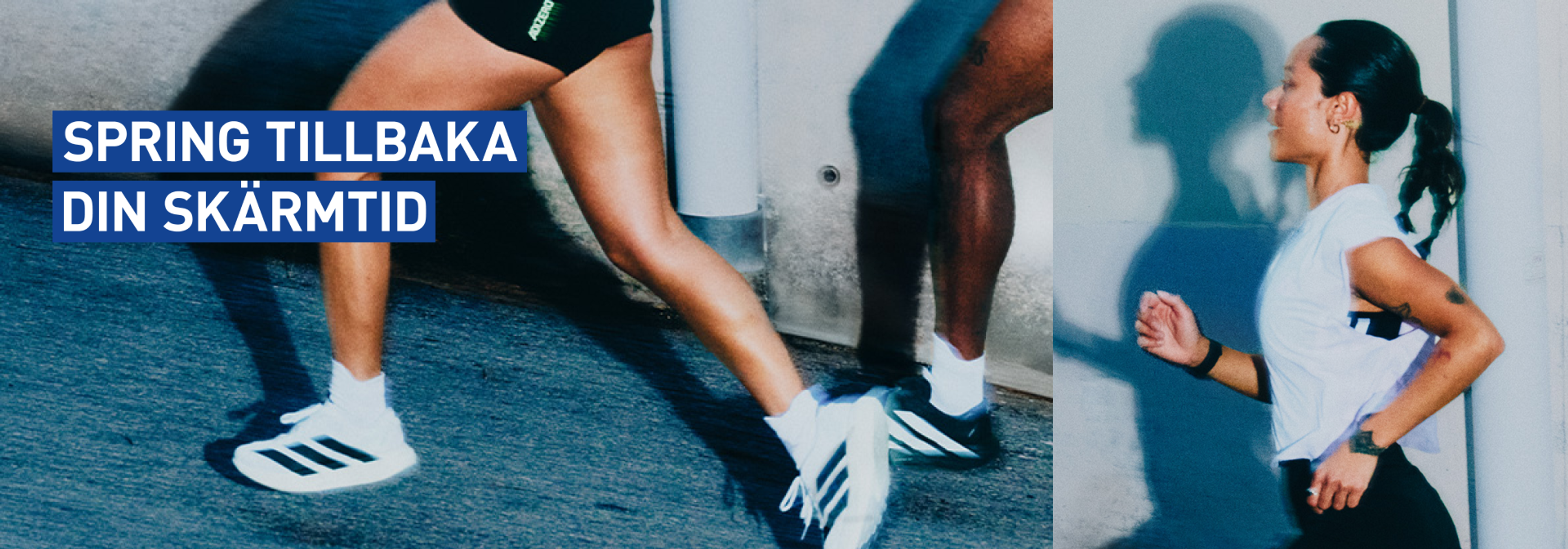People running in athletic shoes with the text "SPRING TILLBAKA DIN SKÄRMTID."