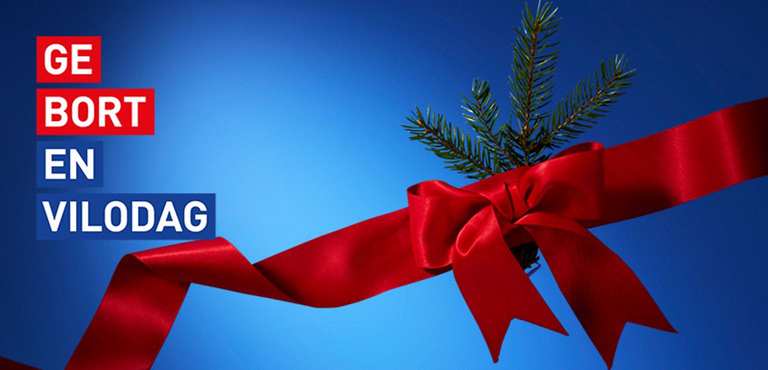 Red ribbon tied in a bow with a pine sprig on a blue background, and text "GE BORT EN VILODAG".
