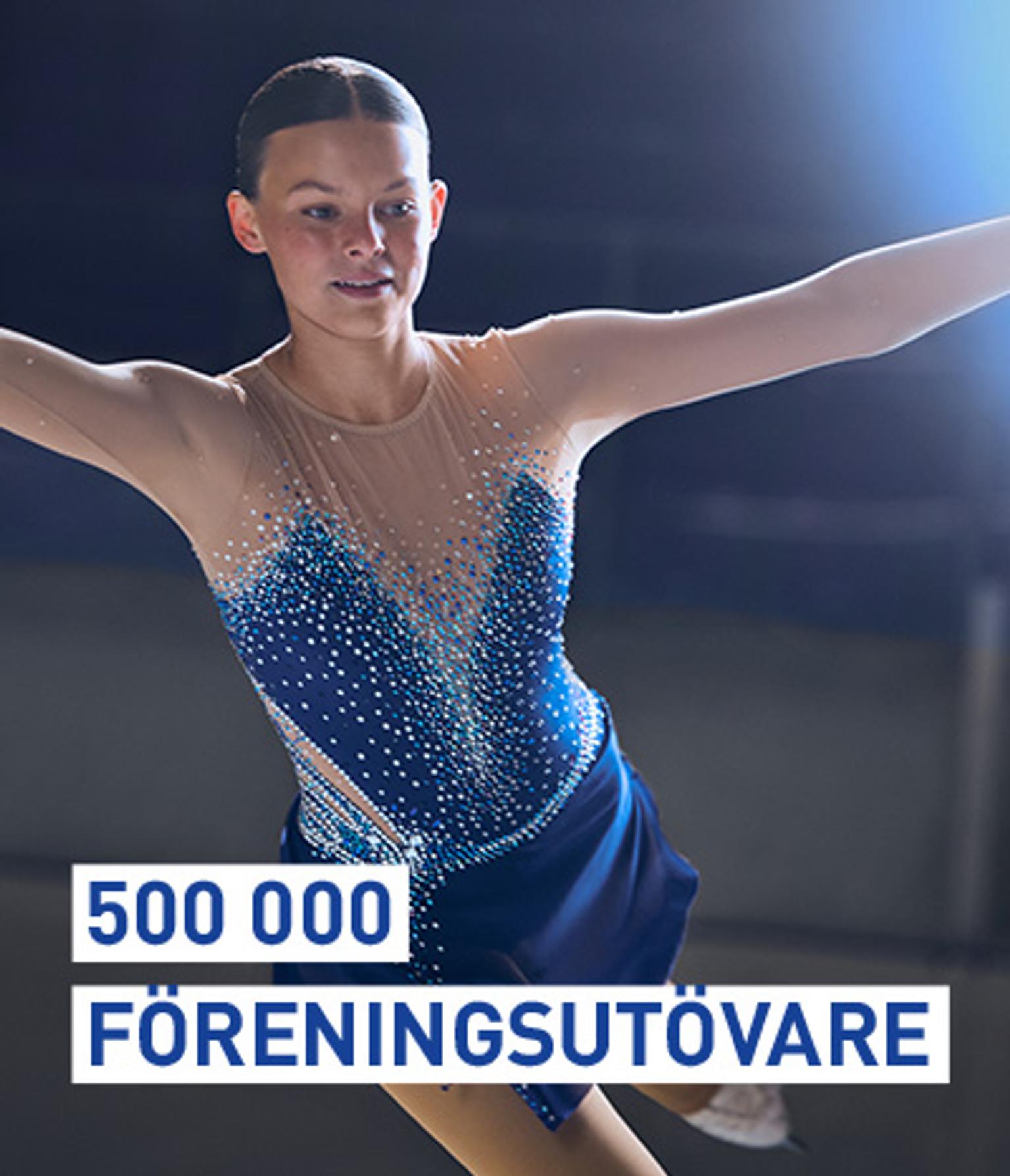 Female figure skater in a sparkling blue costume, arms outstretched, with text '500 000 FÖRENINGSUTÖVARE'.
