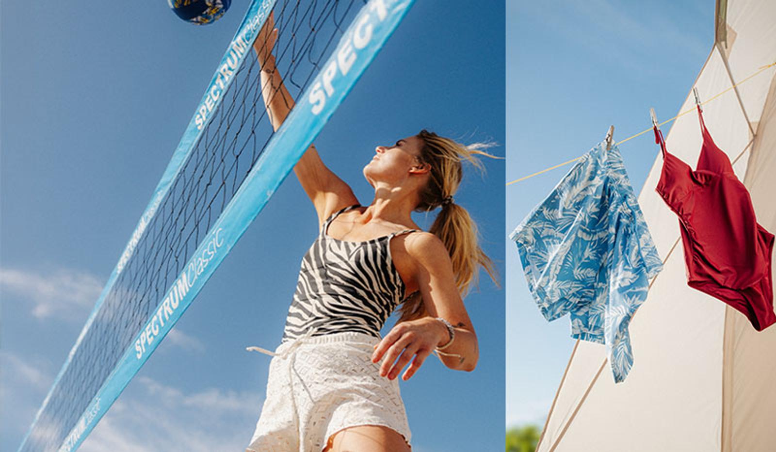 A woman hitting a volleyball over a net, and a blue patterned shirt and red swimsuit hanging on a clothesline under a clear blue sky.