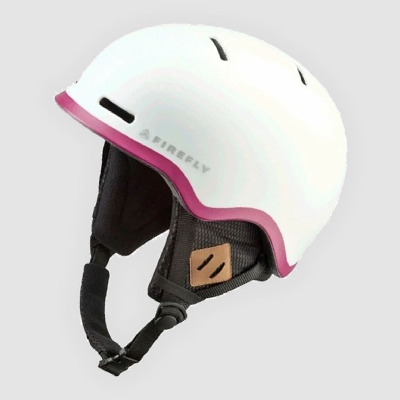 a white helmet with a pink stripe on the side is sitting on a white surface .