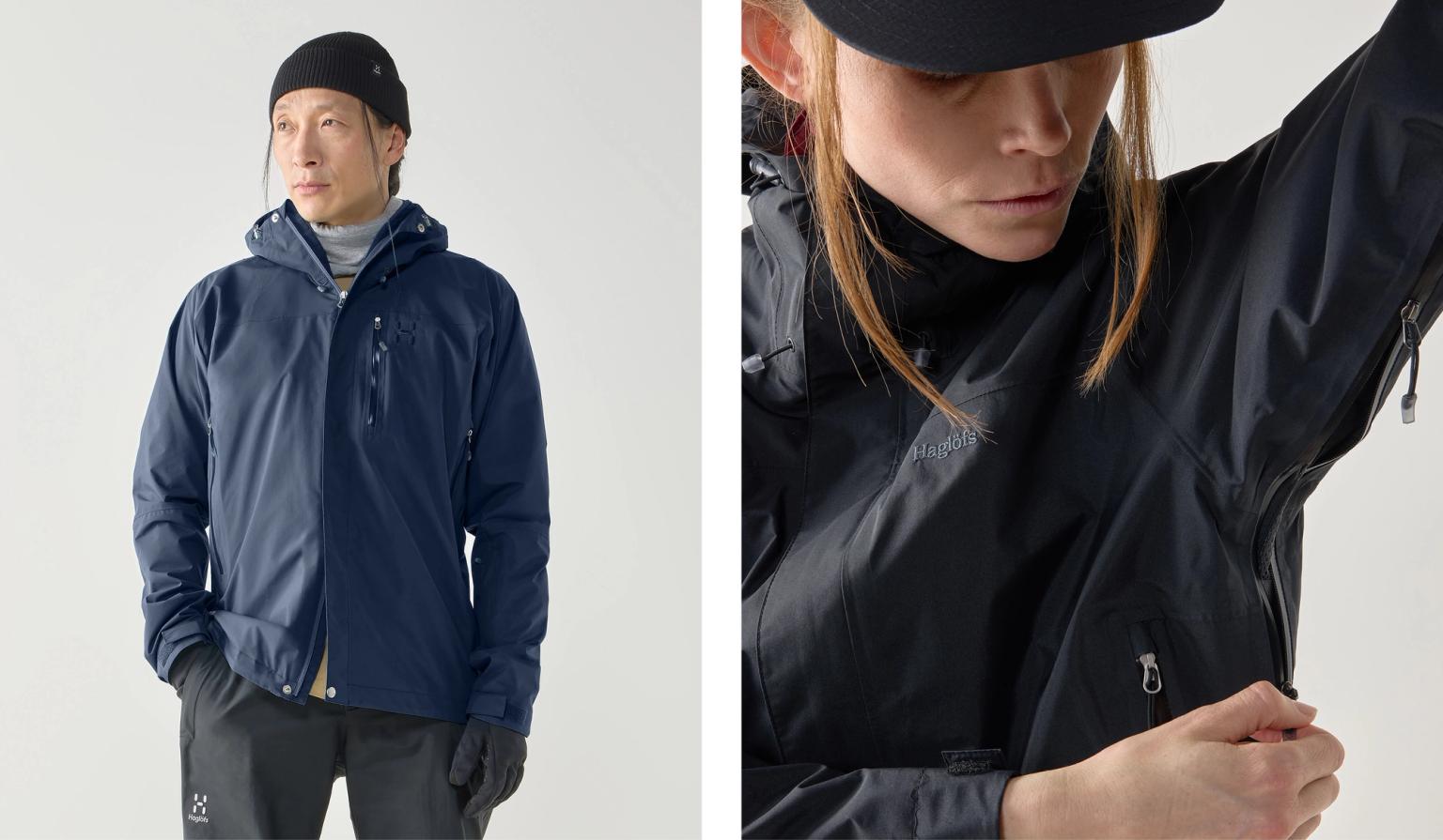 a man and a woman are wearing jackets and hats .