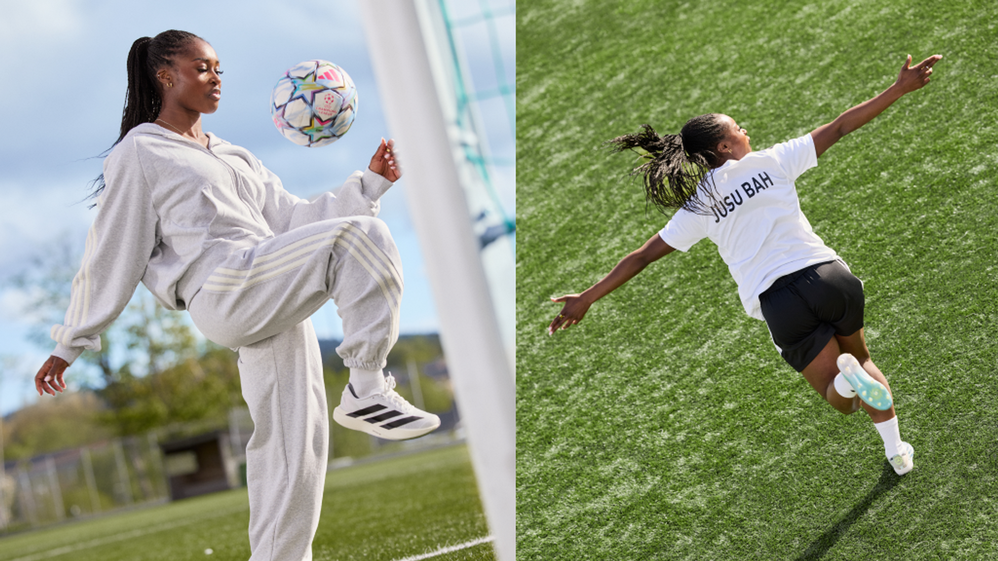 A female soccer player in two poses: juggling a colorful ball in a grey tracksuit, and running on a field with arms outstretched wearing a white jersey that says JUSU BAH.