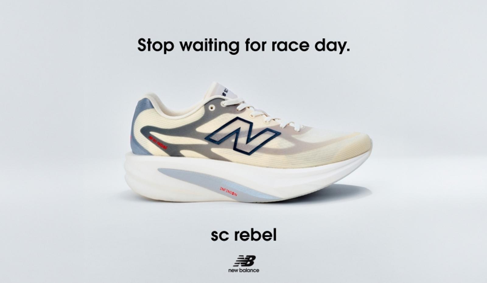 New Balance SC Rebel running shoe in cream and blue on a white background. Text reads: "Stop waiting for race day." and "sc rebel".