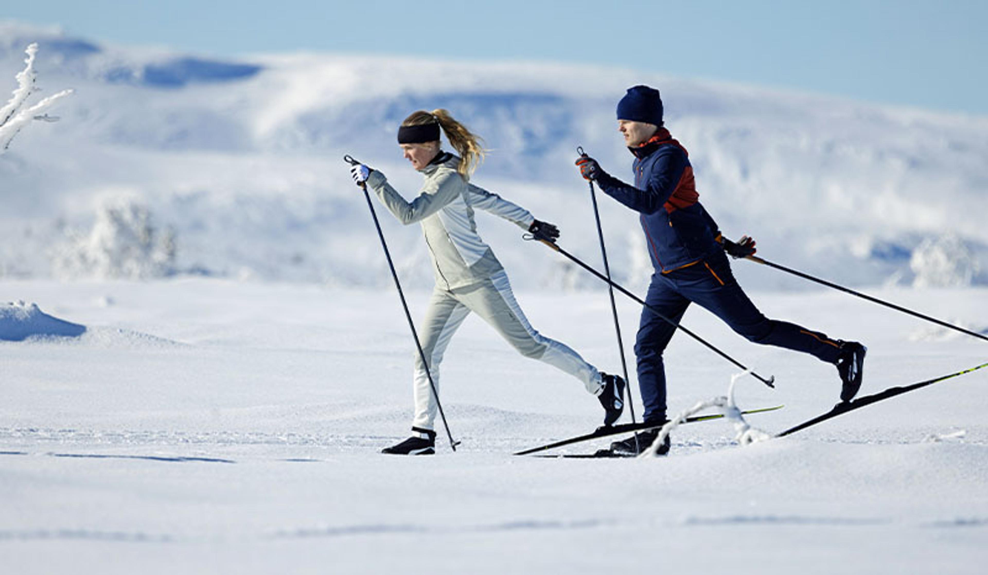 Two people cross-country skiing in a snowy landscape.