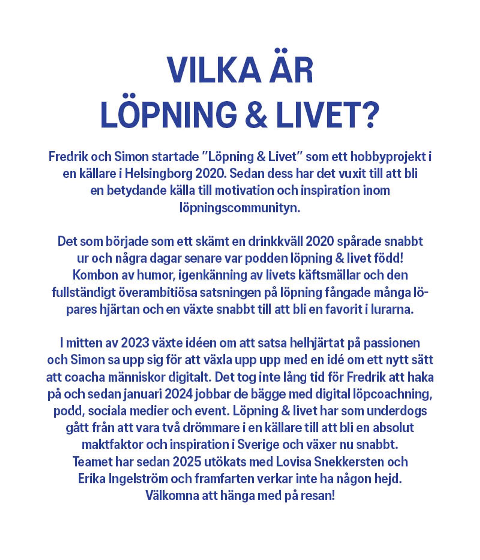 Swedish text explaining the 'Löpning & Livet' project, which grew into a running community, podcast, and digital coaching service.