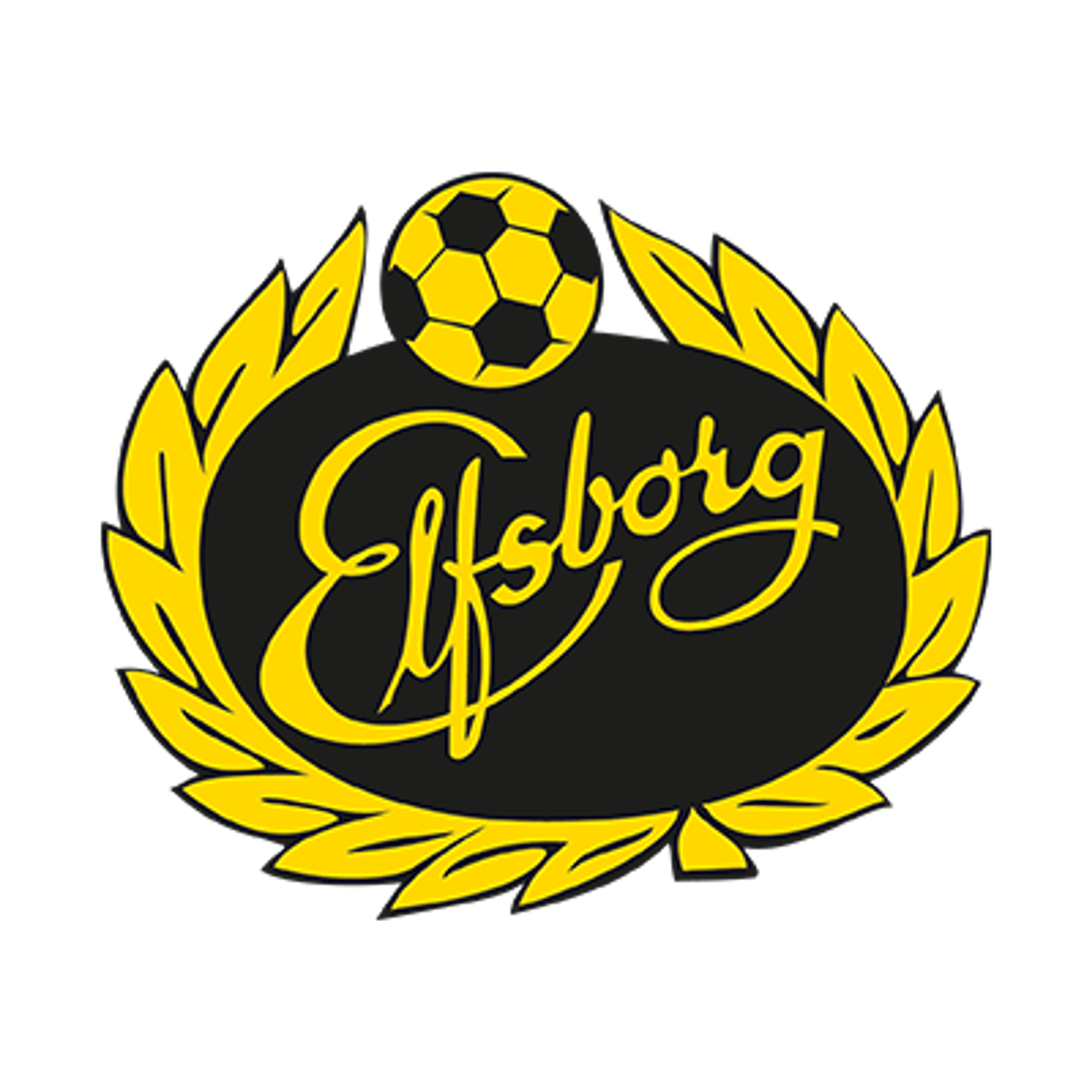 Yellow Elfsborg logo with a soccer ball and laurel wreath on a black background.