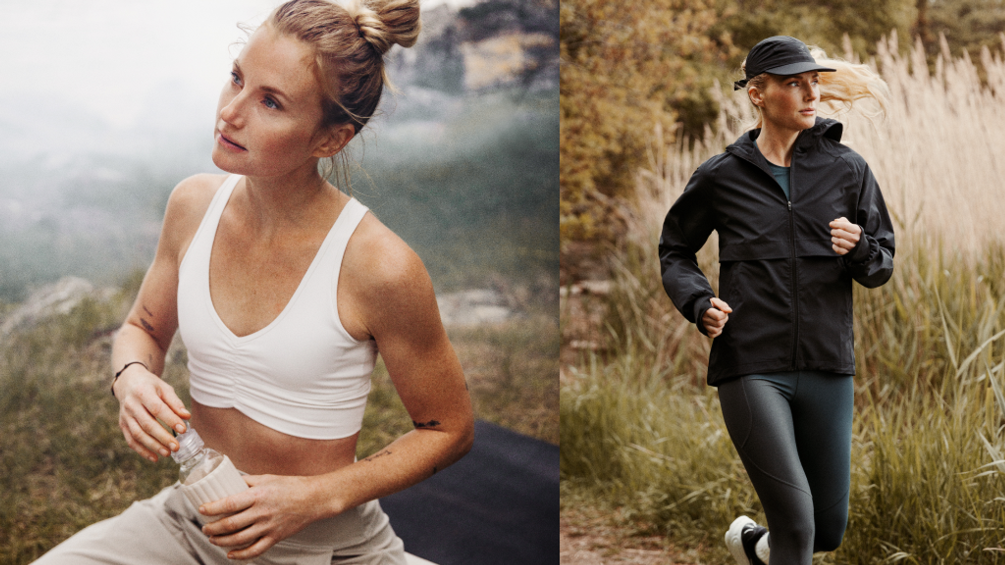A woman in a white sports bra holds a water bottle, alongside an image of her running in a black jacket and cap.