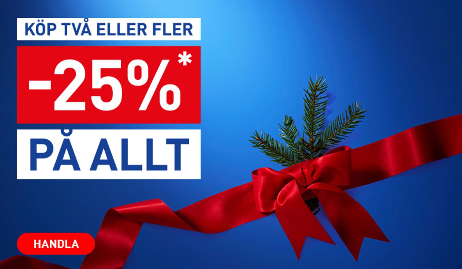 Advertisement: Buy two or more items and get 25% off everything, with a red ribbon and spruce branch on a blue background.