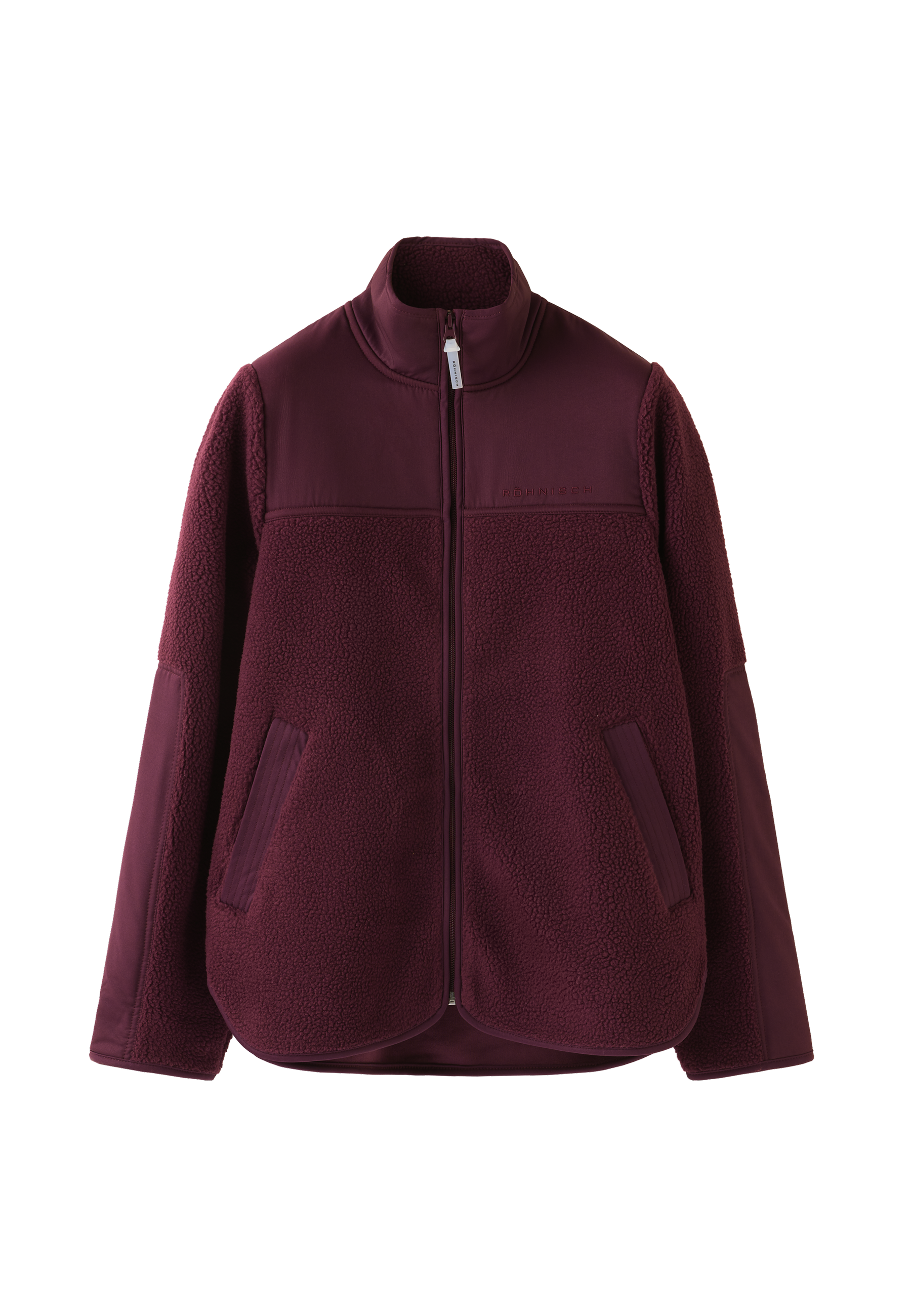 A burgundy full-zip fleece jacket with smooth shoulder and arm panels and a stand-up collar.