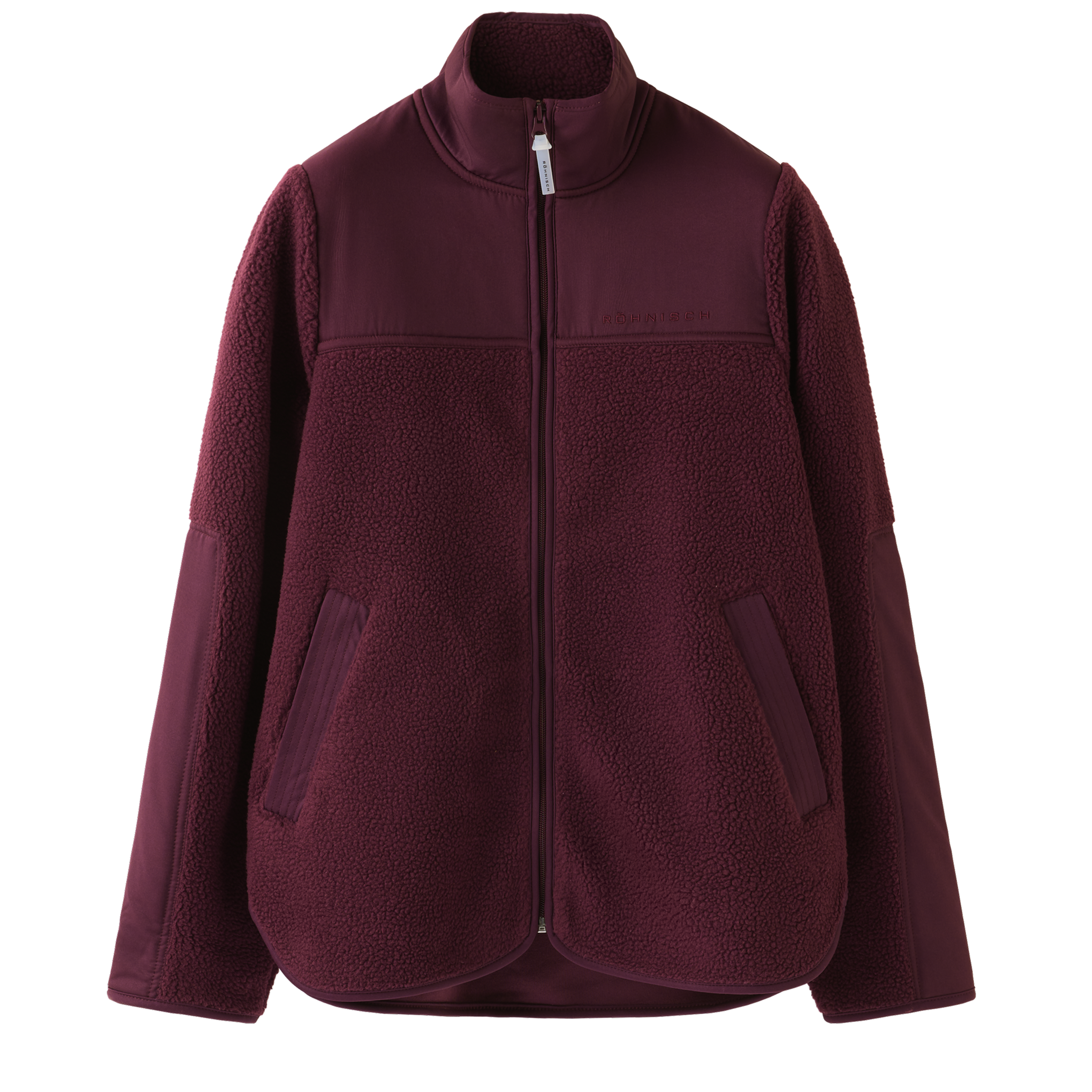 A burgundy full-zip fleece jacket with smooth shoulder and arm panels and a stand-up collar.