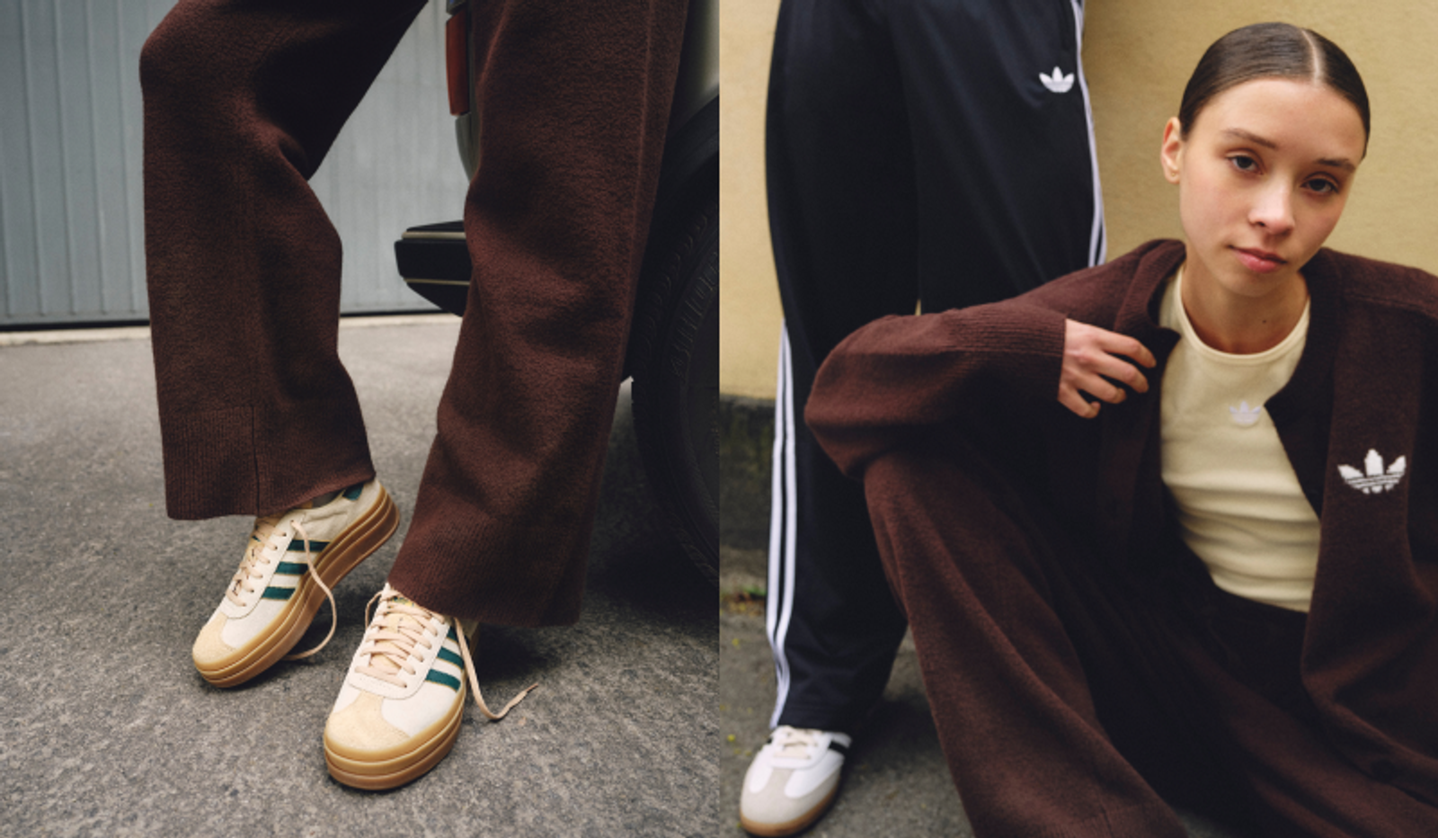 A woman models a brown knit Adidas outfit including a cardigan, pants, and cream platform Gazelle sneakers. Another person wears black Adidas track pants.