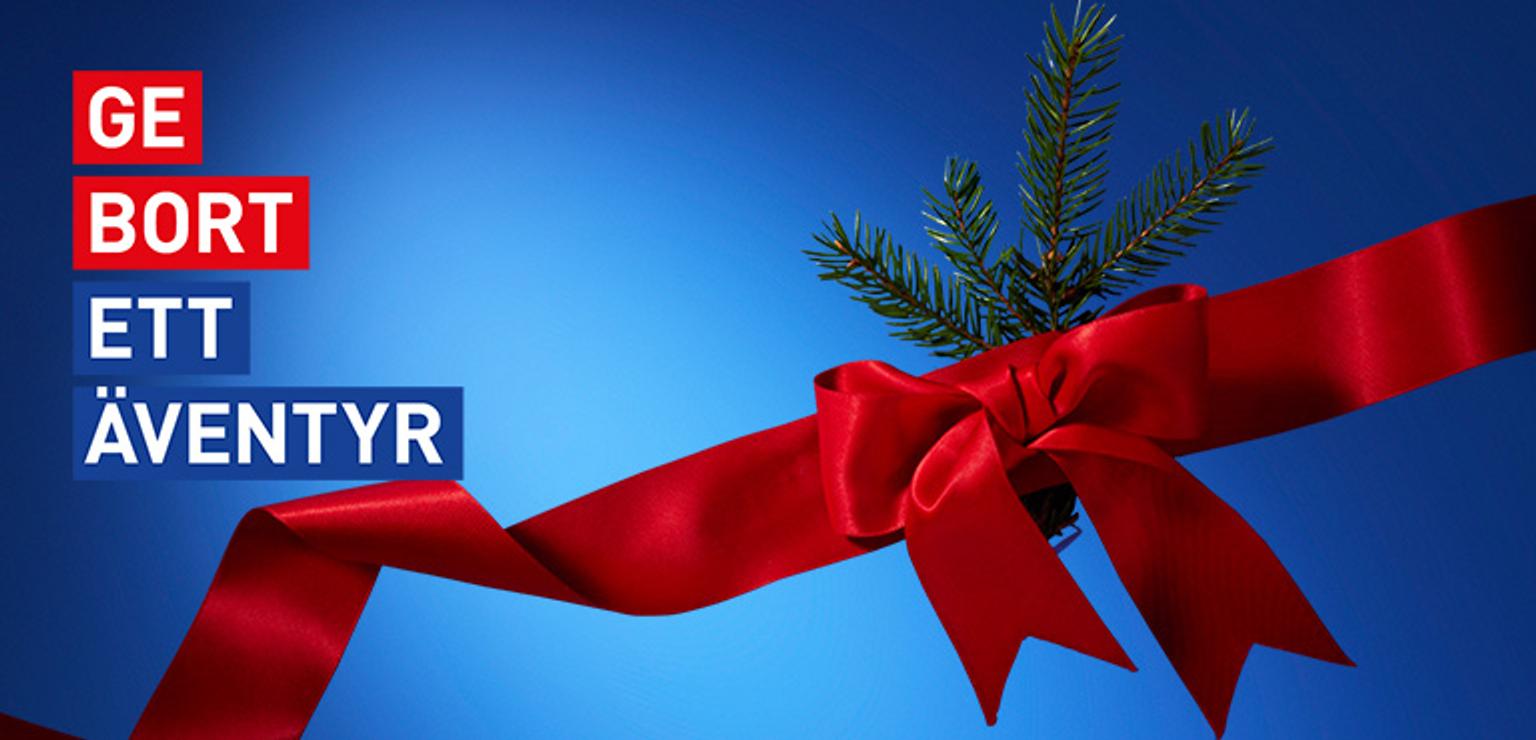 Red ribbon and bow with a pine branch on a blue background. Text reads "GE BORT ETT ÄVENTYR".