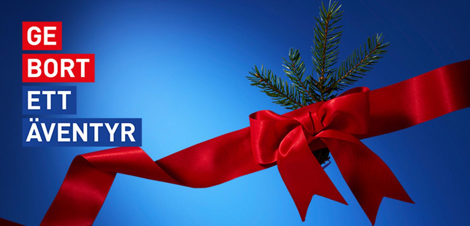 Red ribbon and bow with a pine branch on a blue background. Text reads "GE BORT ETT ÄVENTYR".