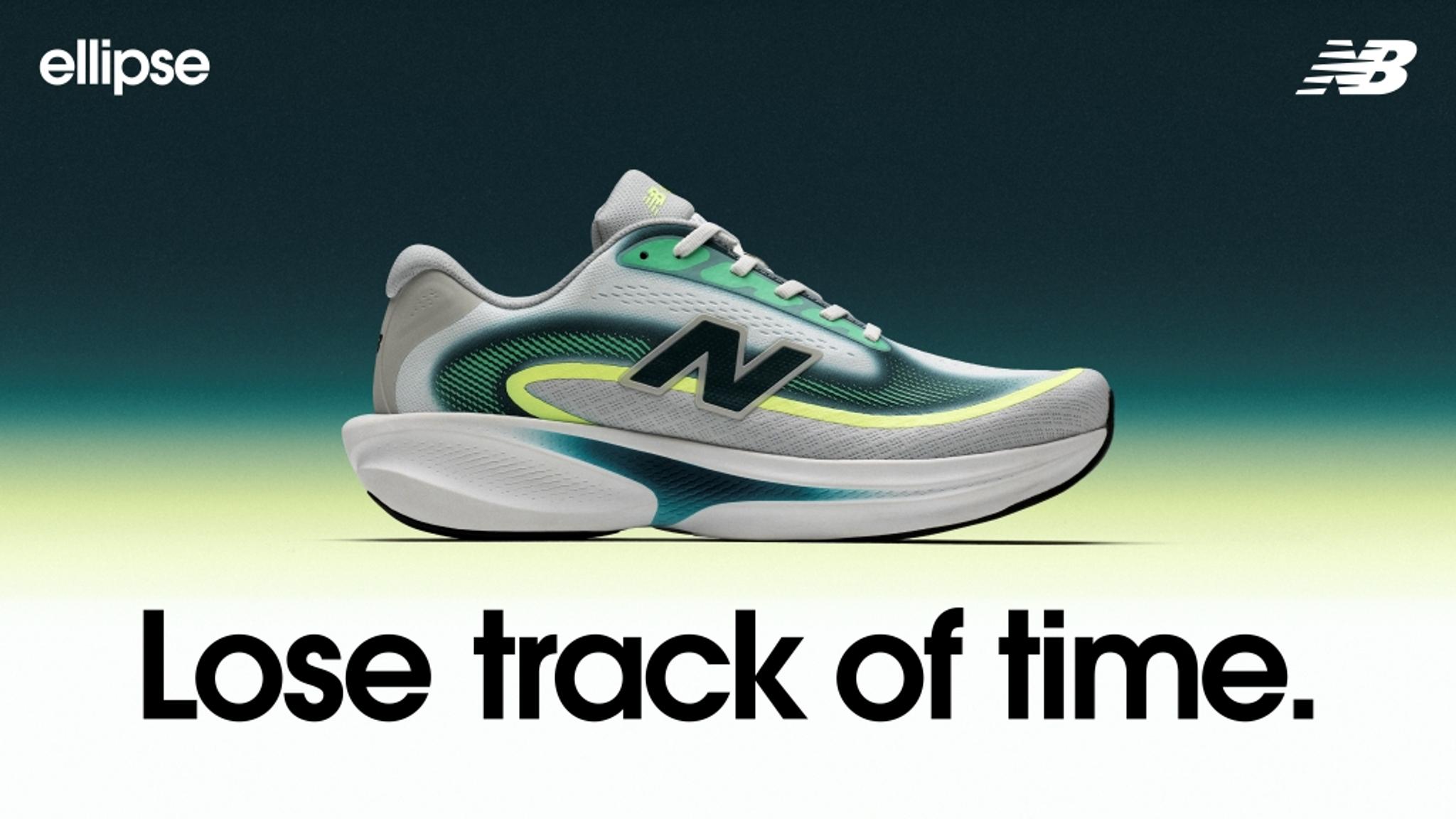 New Balance Ellipse running shoe in gray with teal and neon yellow accents, above the text 'Lose track of time.'
