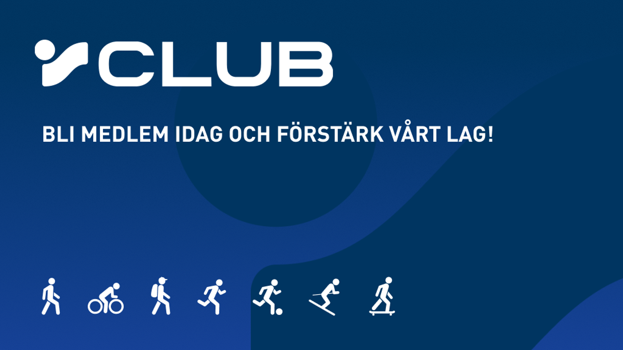 Blue banner for V CLUB membership featuring the text 'Become a member today and strengthen our team!' and icons for walking, cycling, hiking, running, soccer, skiing, and skateboarding.