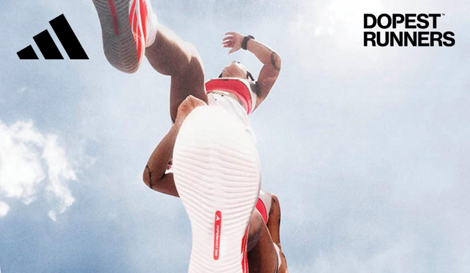 Low-angle shot of a runner jumping, sole of a white shoe prominent. Adidas logo top left, 'DOPEST RUNNERS' text top right, against a blue sky.