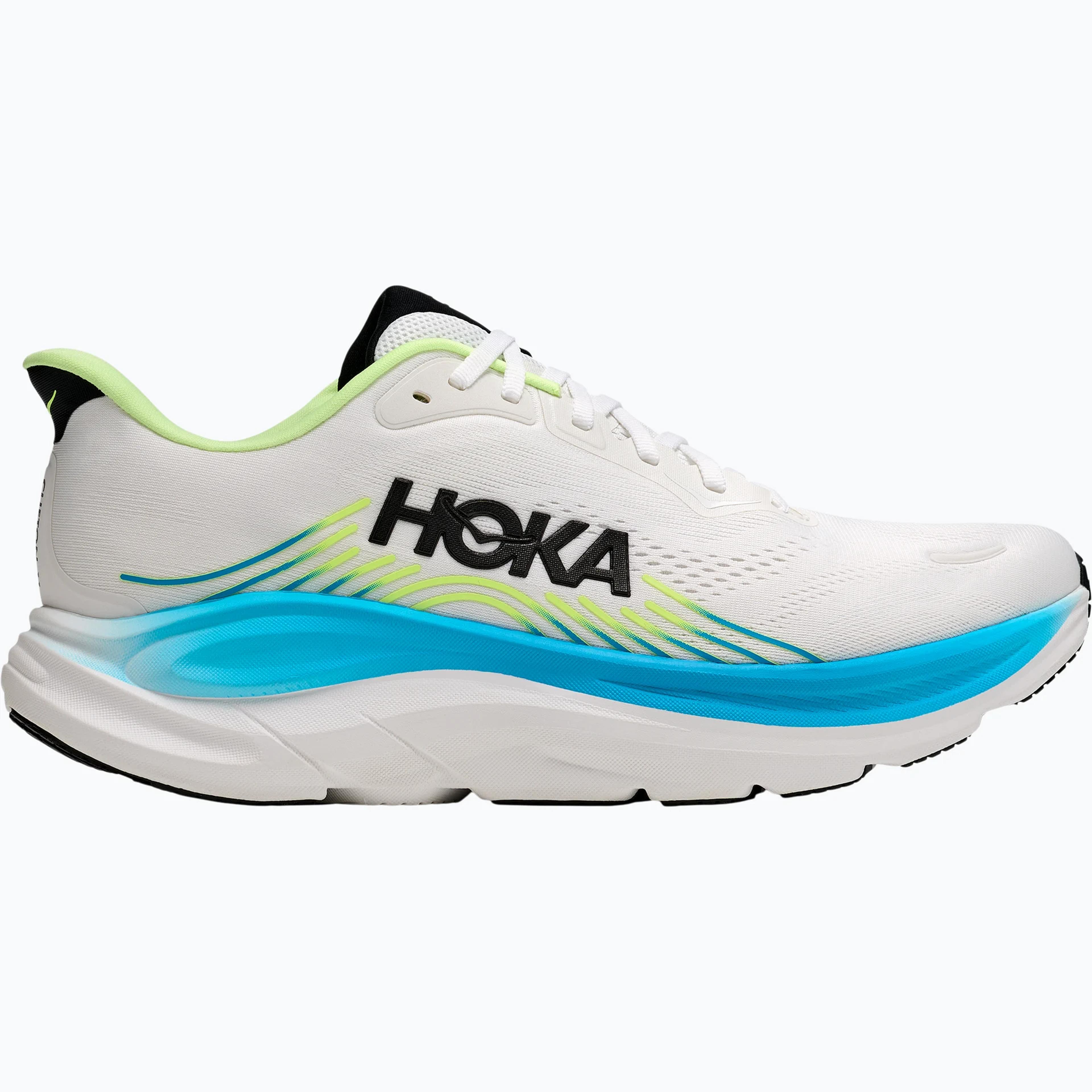 White Hoka running shoe with a black logo, blue midsole, and neon yellow accents.
