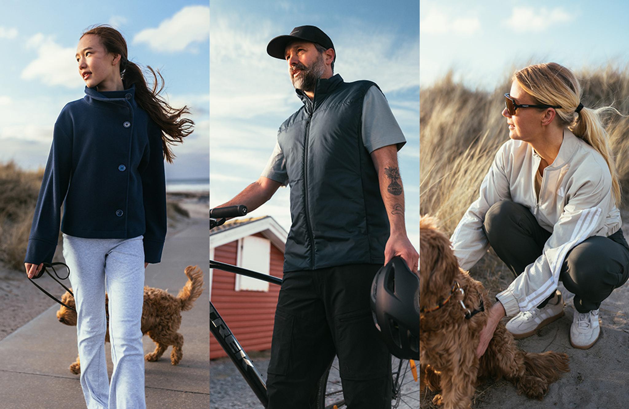 Three people engaged in outdoor activities: a woman walking a dog by the sea, a man with a bicycle, and a woman petting a dog in dunes.
